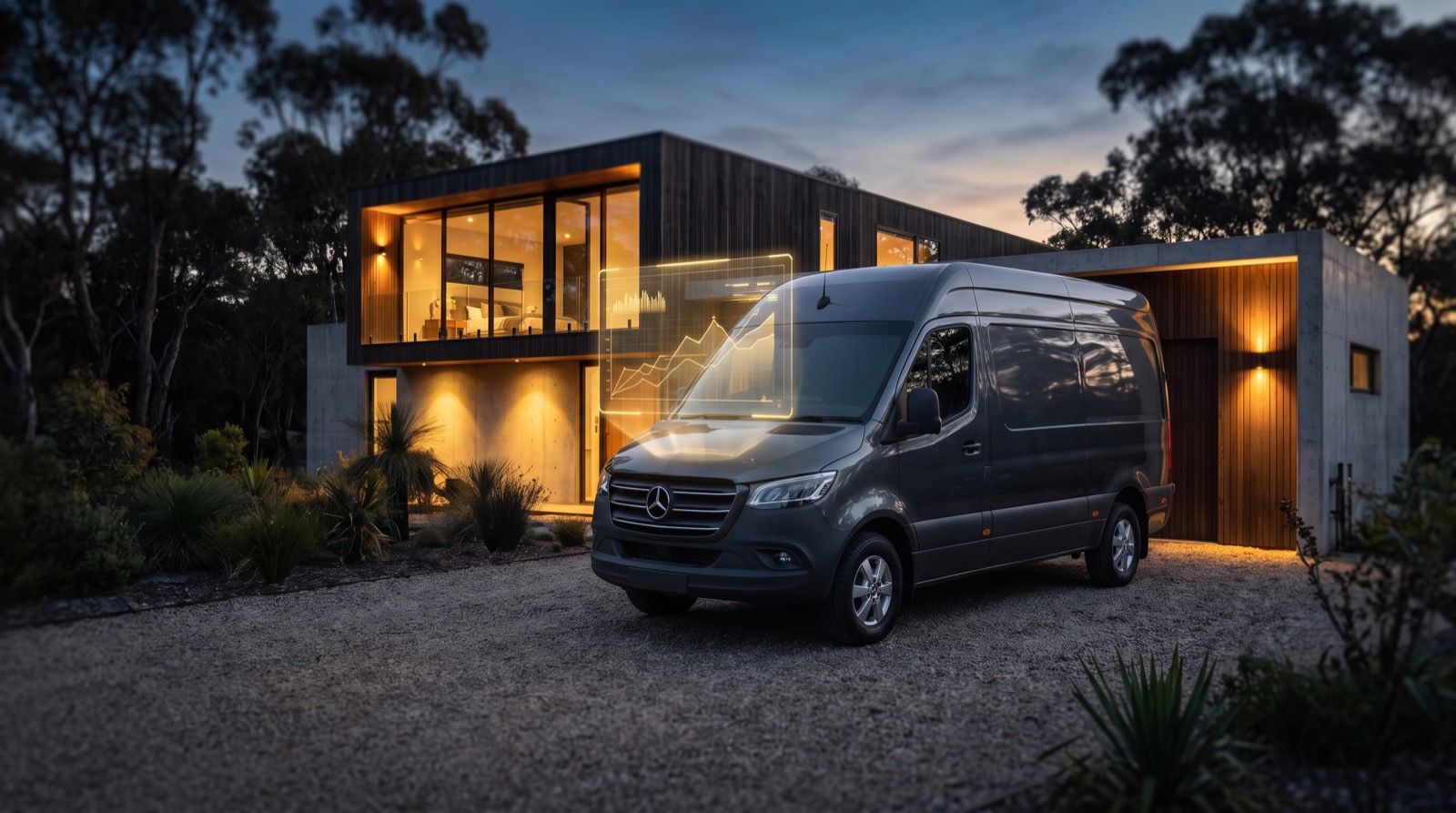Home-services van outside a modern house at dusk with a glowing growth dashboard
