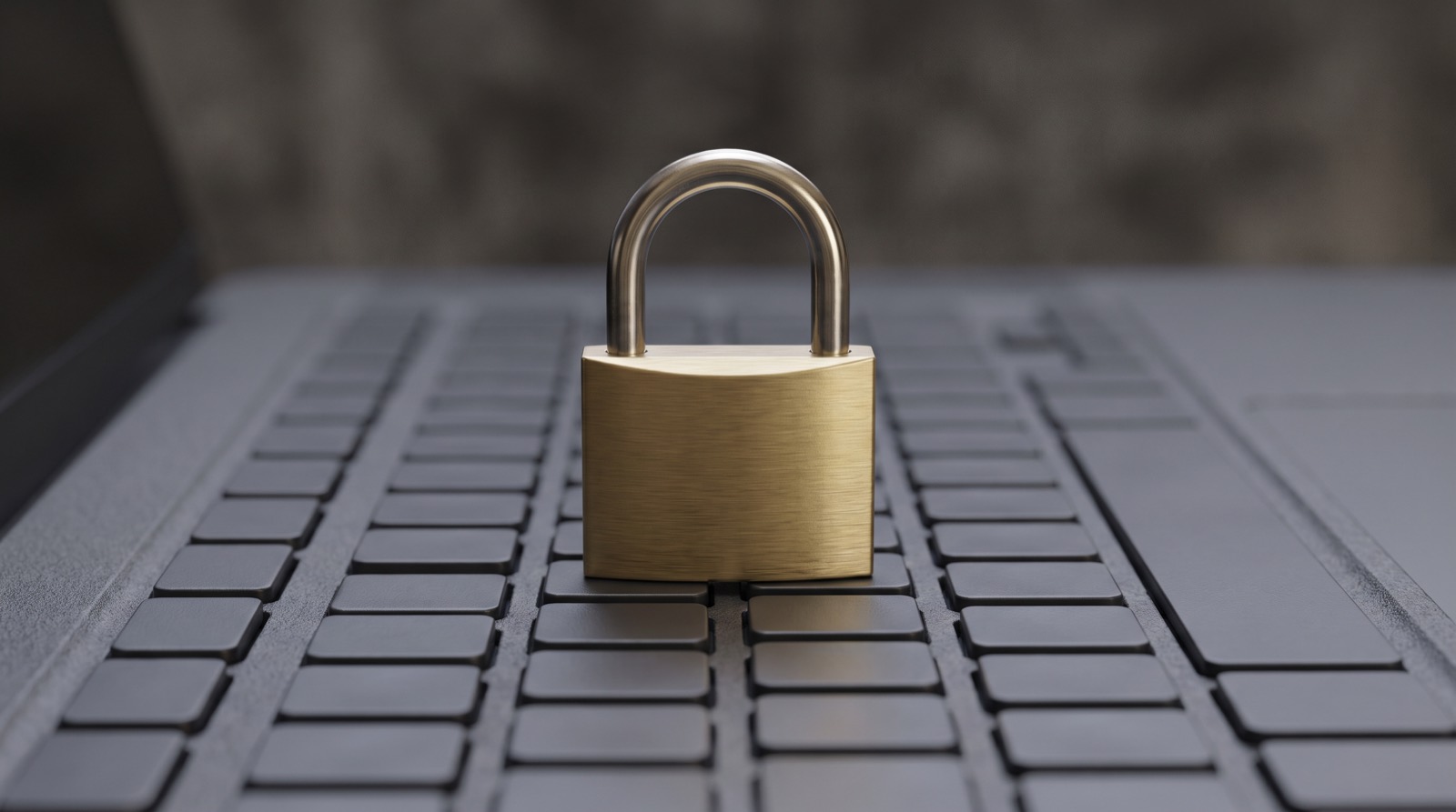 Gold padlock resting on a dark laptop keyboard